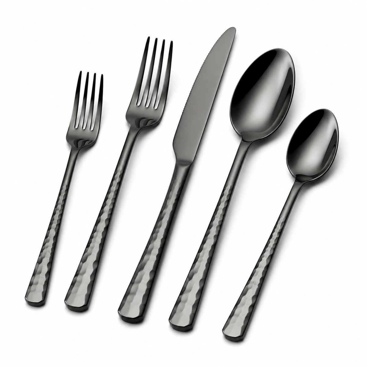 Besteckset 5-teilig 16 bis 23 cm aus Edelstahl Schwarz mit gehämmerter Griffstruktur