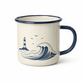 Emaille Tasse 350 ml Cremeweiß Dunkelblau mit maritimem Wellenmotiv