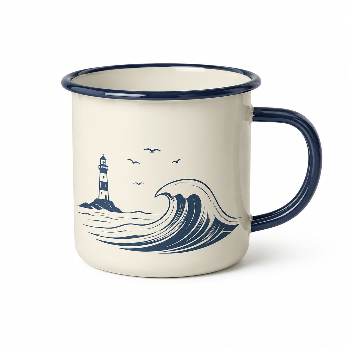 Emaille Tasse 350 ml Cremeweiß Dunkelblau mit maritimem Wellenmotiv