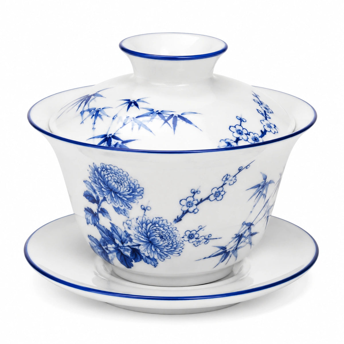 Porzellan Teeschale mit Deckel 150 ml Blau Weiß mit Blumenmotiv für Teezeremonien