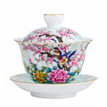 Gaiwan Teeschale 180 ml 10.5 cm Porzellan Weiß Floral mit Deckel und Untertasse