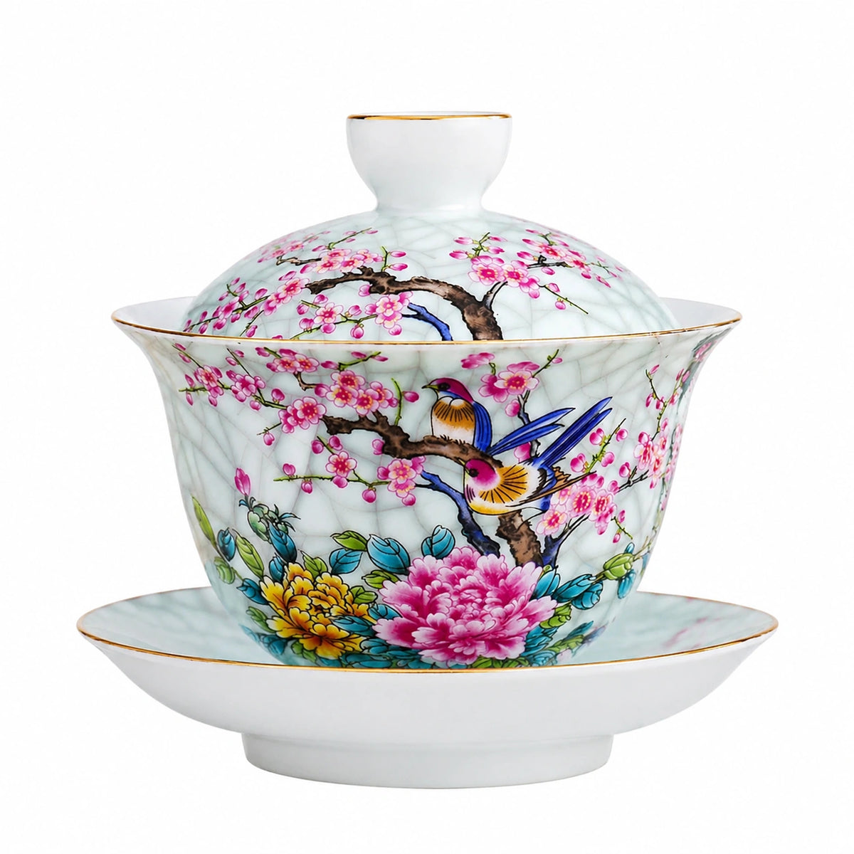 Gaiwan Teeschale 180 ml 10.5 cm Porzellan Weiß Floral mit Deckel und Untertasse