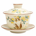 Porzellan Gaiwan Teetasse 180 ml Cremefarben mit Katzen und Blumenmotiv