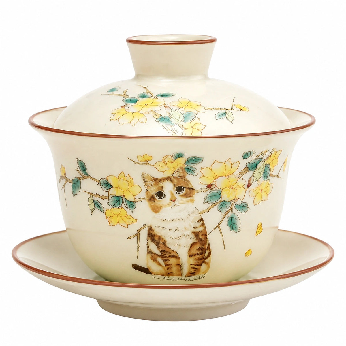 Porzellan Gaiwan Teetasse 180 ml Cremefarben mit Katzen und Blumenmotiv