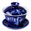 Porzellan Gaiwan Teetasse 150 ml Blau mit Bambusmotiv und Deckel