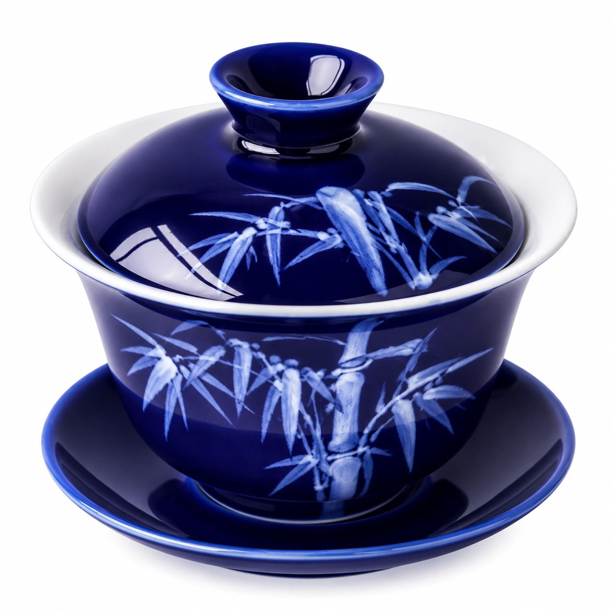 Porzellan Gaiwan Teetasse 150 ml Blau mit Bambusmotiv und Deckel