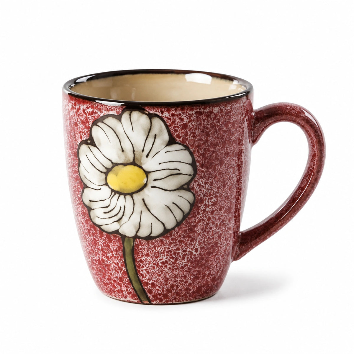 Keramiktasse 450 ml Rot mit Blumenmotiv und Henkel
