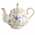 Teekanne 1.20 L aus Porzellan in Weiß Blau mit Blumenmuster und Goldrand