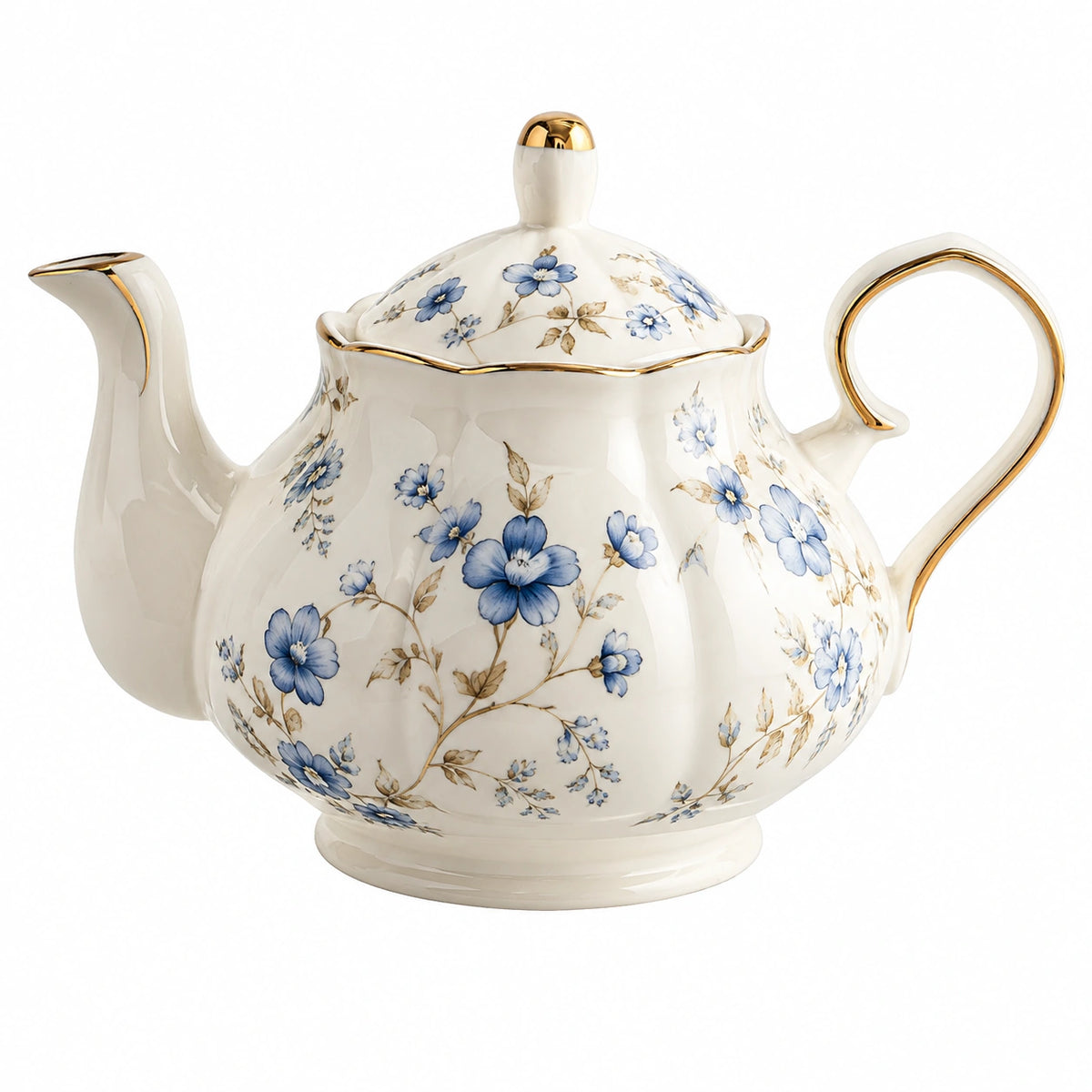 Teekanne 1.20 L aus Porzellan in Weiß Blau mit Blumenmuster und Goldrand