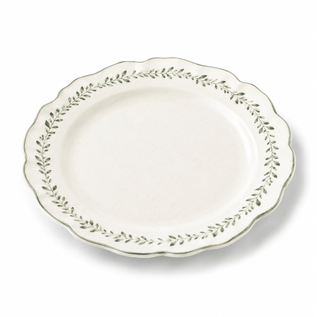 Speiseteller 26 cm Keramik Cremegrün mit Blättermuster im Landhausstil