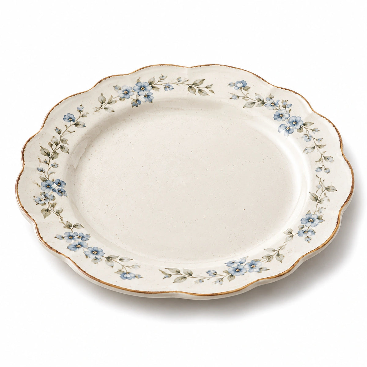 Speiseteller 27 cm aus Keramik in Cremeweiß Blau mit Blumenmuster - gewellter Rand