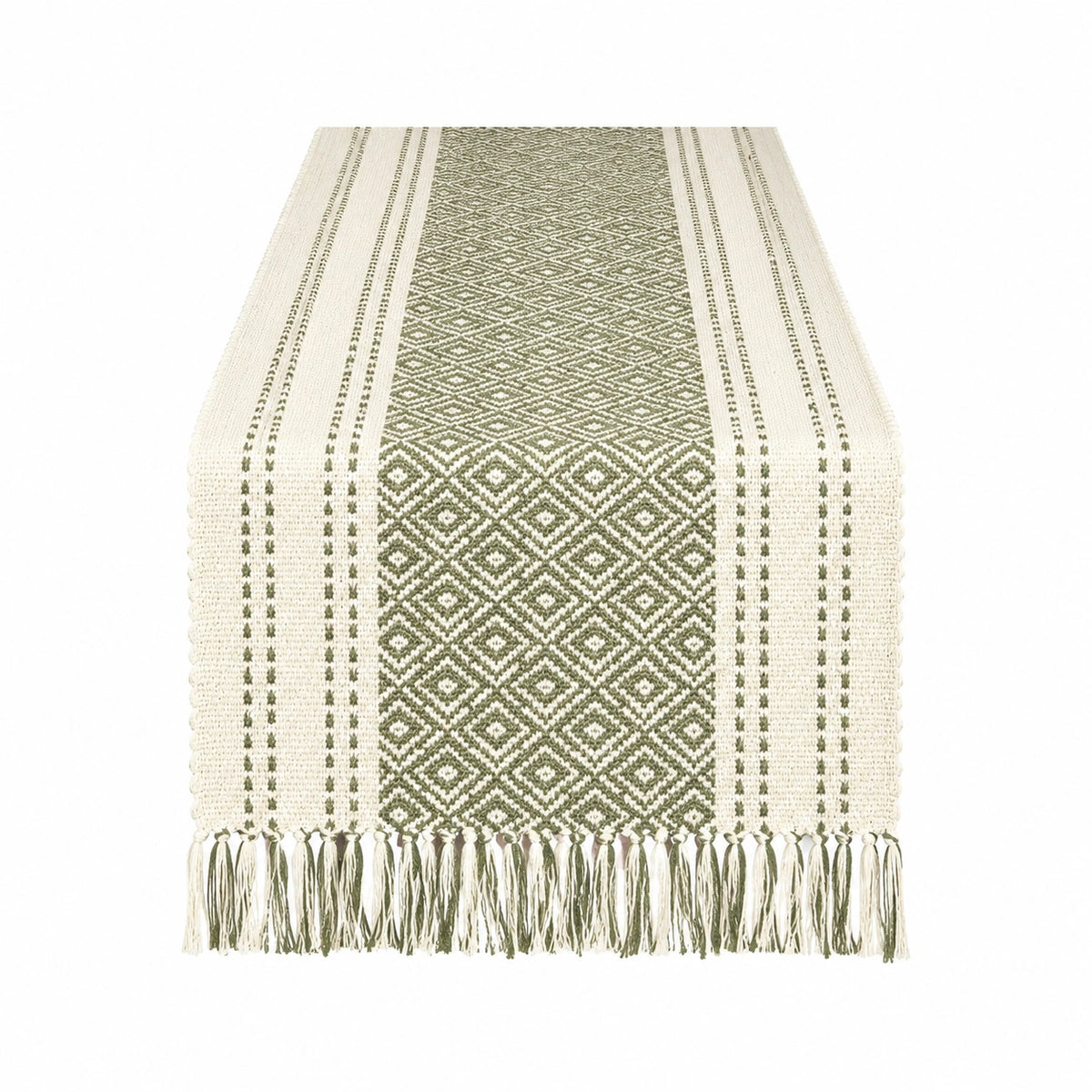 Tischläufer 180 x 40 cm Textilgewebe Creme/Olivegrün mit geometrischem Muster und Fransen
