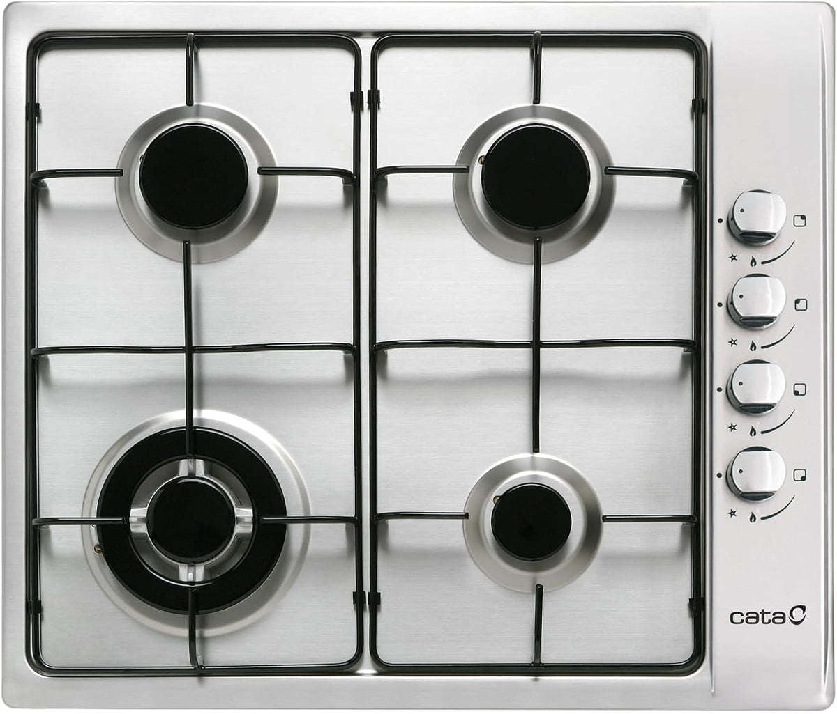 Gaskochfeld Kochfeld, 60 cm, 8 kW, Silber, Cata GI 6031 X - Edelstahl, 4 Brenner, elektrische Zündung, emaillierte Grillroste