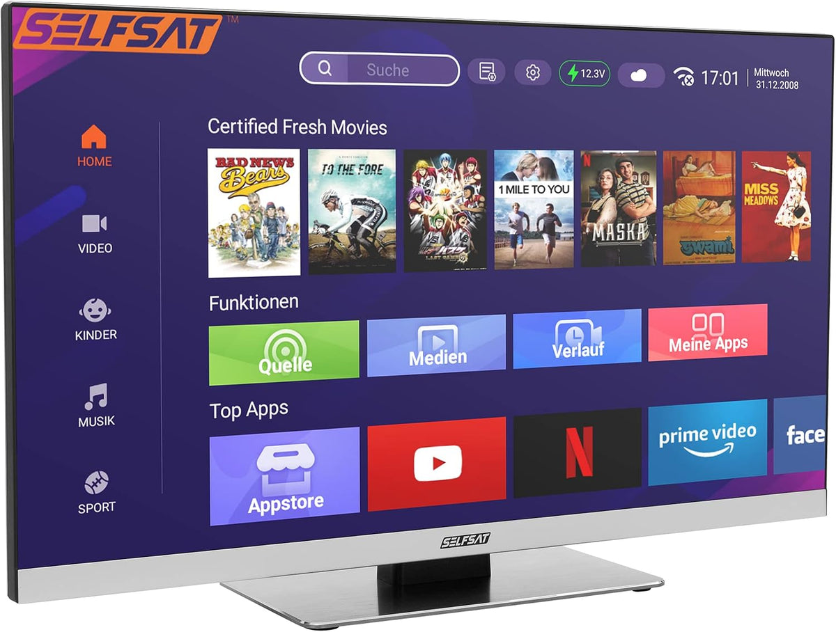 SELFSAT Fernseher, 55 cm, Schwarz, SMART LED TV 1255 ( /22) rahmenloser TV inkl. DVB-S2/C/T2