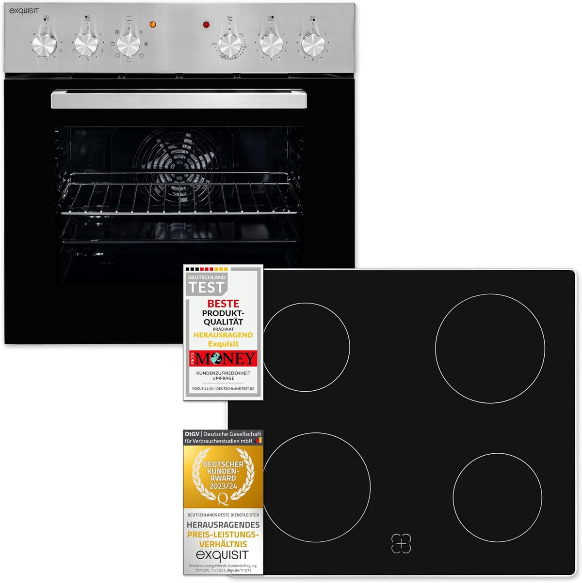 Exquisit Backofen, 59 l, Silber, EHE156-2.1U-Set Inox Einbauherdset - mit Umluft