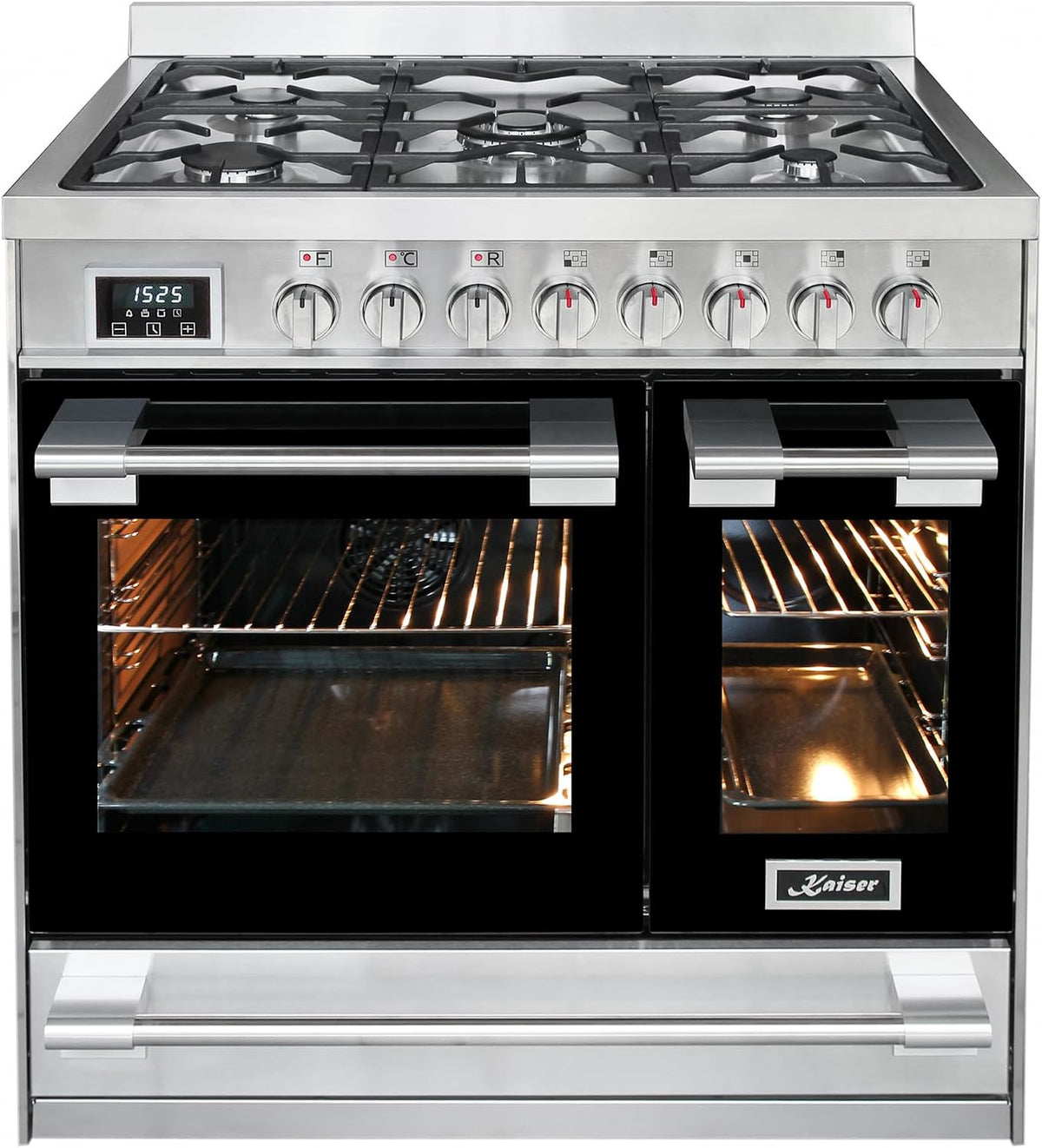 Kaiser Gasherd, 3,7 kW, 90 cm, 115 L, Silber, Premium Herd HGE 93201 R Edelstahl • Doppel-Elektrobackofen