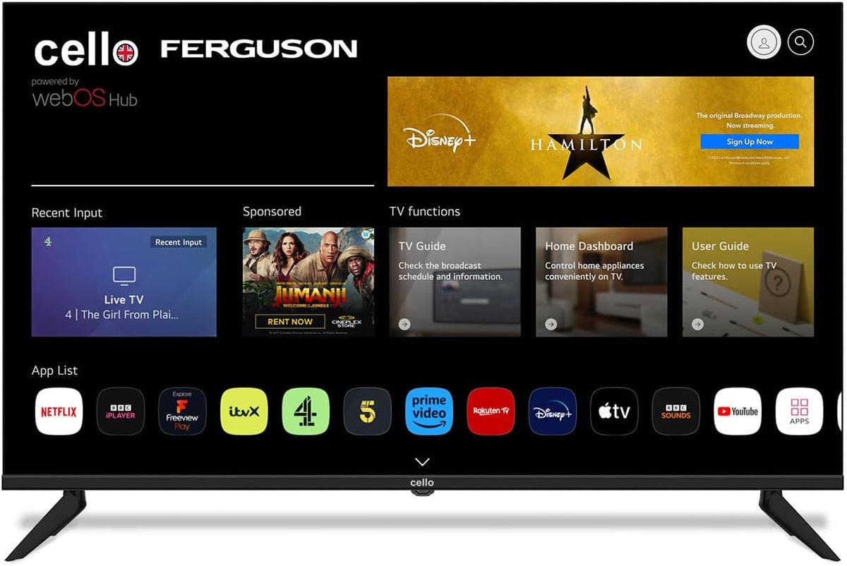Cello Fernseher, Schwarz, Rahmenloser 43-Zoll-Smart-LED-, ultraschnellem WebOS, Netflix, Prime Video, Apple TV