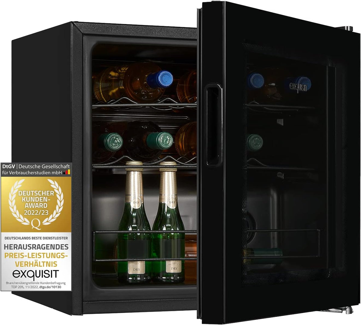 Exquisit Weinkühlschrank, 43 l, Schwarz, WS1-12-GT-030G -, Glasfront