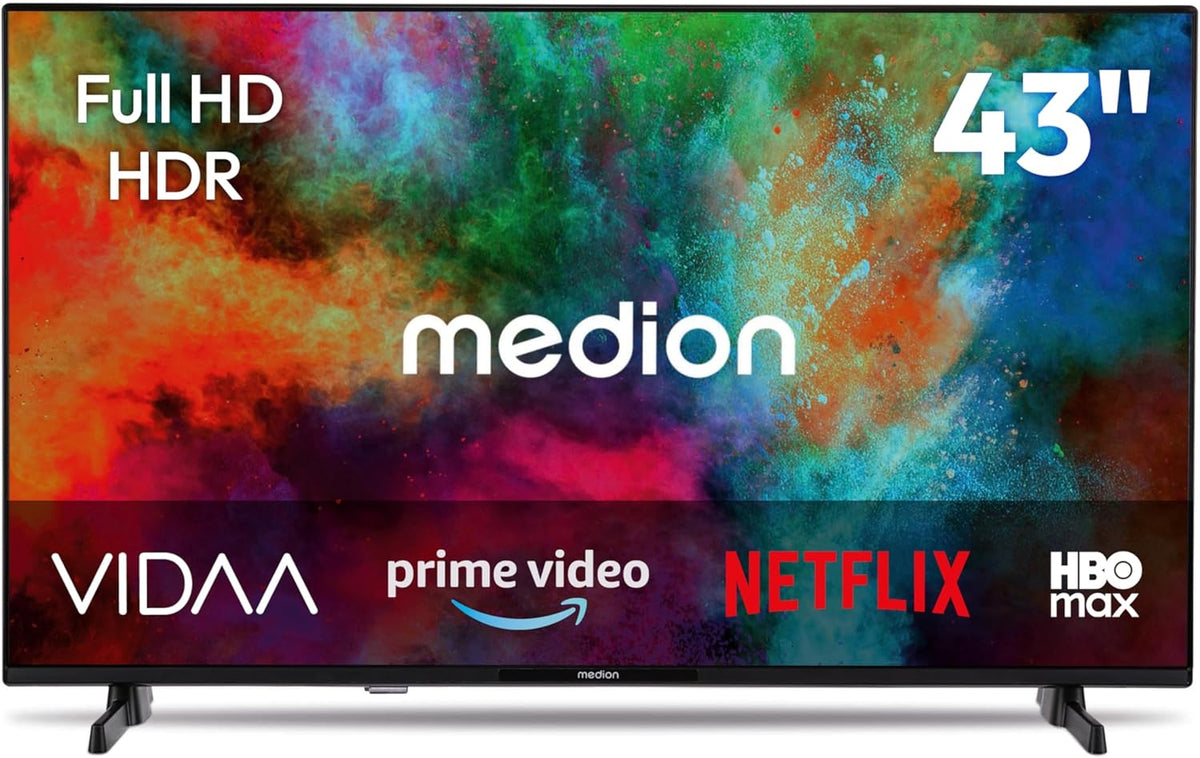 MEDION Fernseher, 43 Zoll, 108 cm, Schwarz, Smart TV, Full HD (Smart-TV, VIDAA Store, HBO Max, MagentaTV, Prime Video
