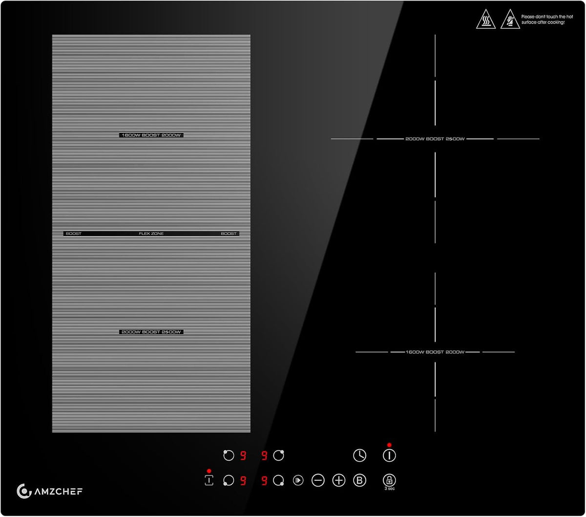 AMZCHEF Kochfeld, 7200 W, 60 cm, Schwarz, Induktions mit Flexzonen, 4 Zonen Induktionskochplatte mit Boost-Funktion und 9