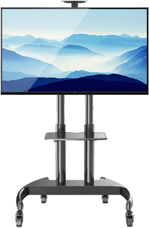 Fernseher, 70 Zoll, Schwarz, Mobiler TV-Ständer, rollbarer TV-Wagen, universeller mobiler TV-Ständer mit Ablagen