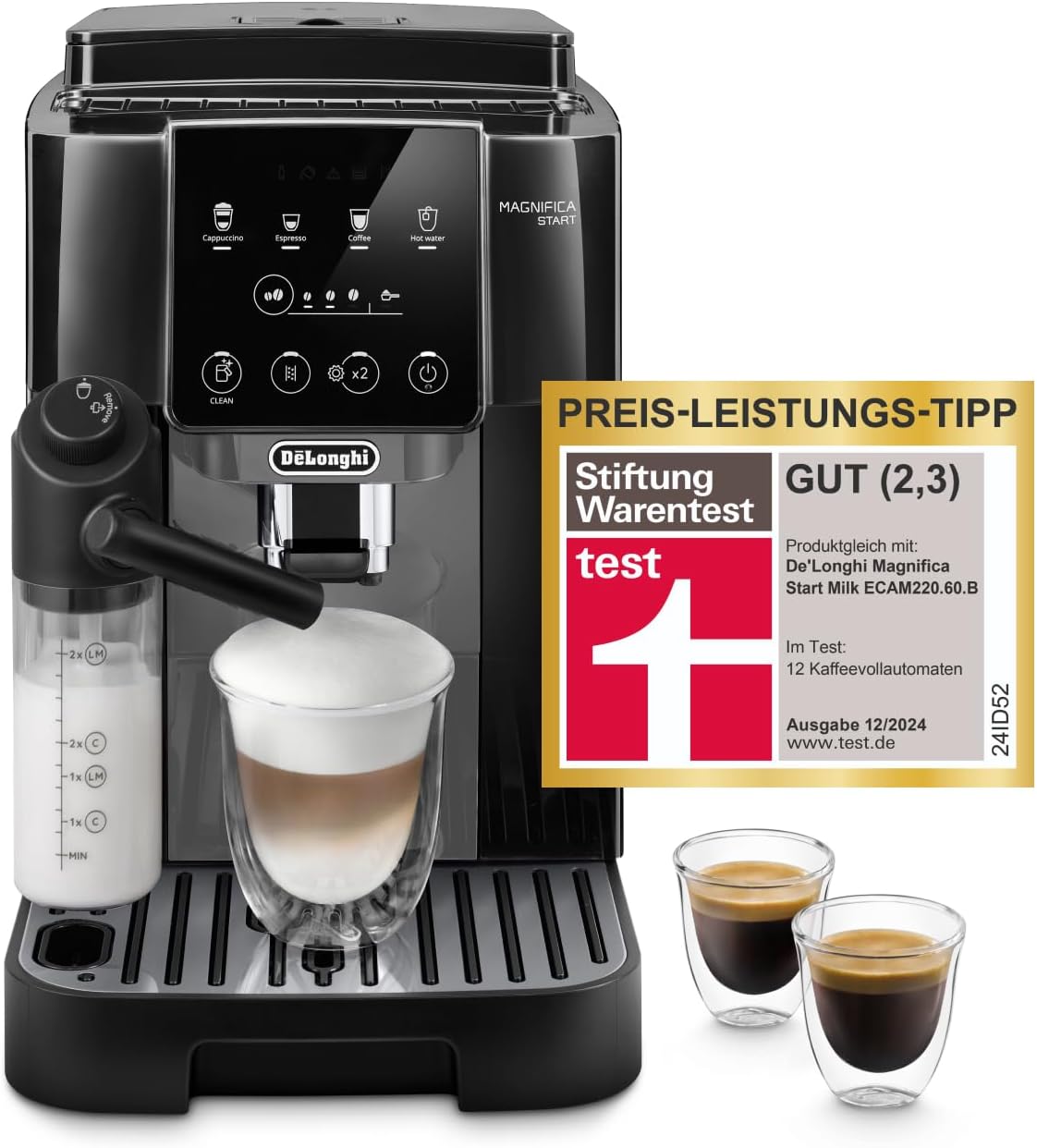 De'Longhi Kaffeevollautomat, Schwarz/Grau, Magnifica Start - Perfetto mit LatteCrema-Milchaufschäumer, 4 One-Touch-Getränke