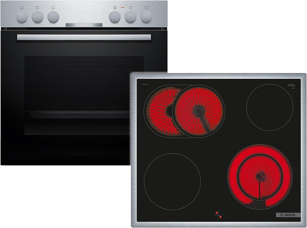 Bosch Kochfeld, 60 cm, 21 cm, Silber, HND211CS63, Einbau-Herd-Set, HEA510BS3, Serie 2, 3D-Heißluft, Versenkknebel