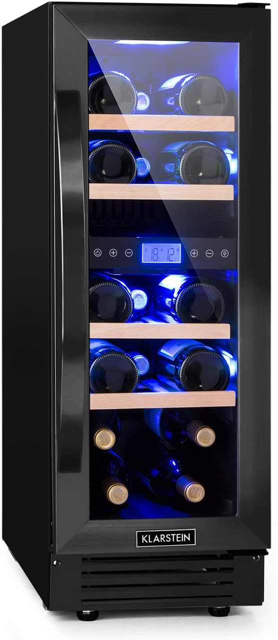 Klarstein Weinkühlschrank, 53 L, Schwarz, 2 Zonen, Getränkekühlschrank, Kleiner Einbau-Weinschrank Schmal, Wein-Kühlschrank mit Glastür