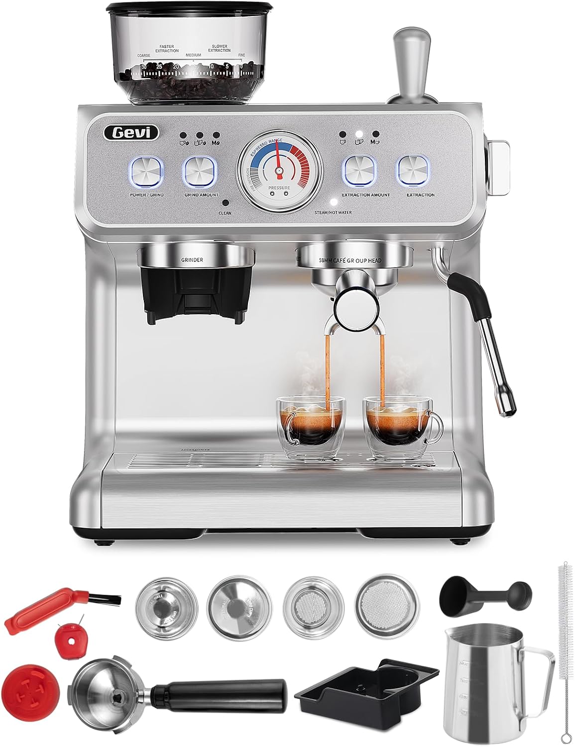 Gevi Kaffeemaschine, 20 Bar, 2.8 L, Silber, 2025 Upgrade Siebträger mit Integrierter Kaffeemühle，Dual, Wassertank