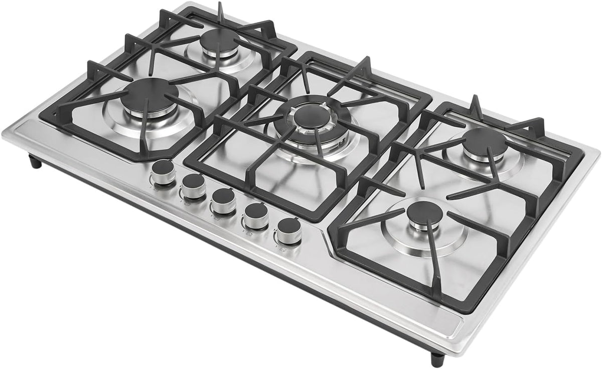 Gasherd, Rostfreier Stahl, Gusseisen, Zinklegierung, Silber, 5-Flammig Gaskochfeld, Multi-Brenner-Design, Unabhängige Temperaturregelung
