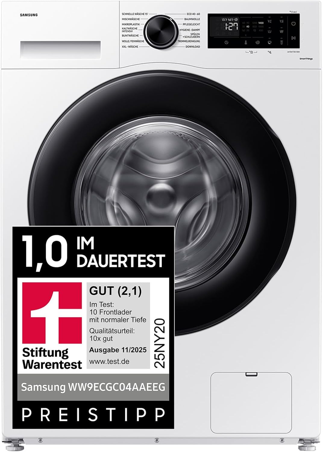 Samsung Waschmaschine, 9 kg, Weiß/Schwarz, 1.400 U/min, EEK: A, Mikroplastik-Programm, Ecobubble, 14 Programme