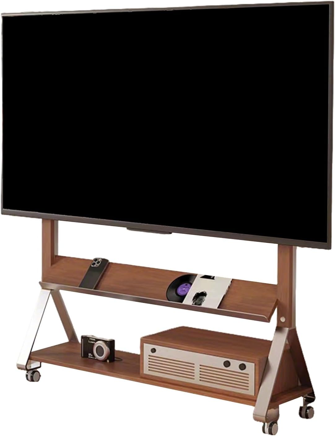 Fernseher, 100 Zoll, 100 kg, Schwarz, TV Ständer Rollbar mit Holzablage Regal, Fernsehständer auf Rollen für 50