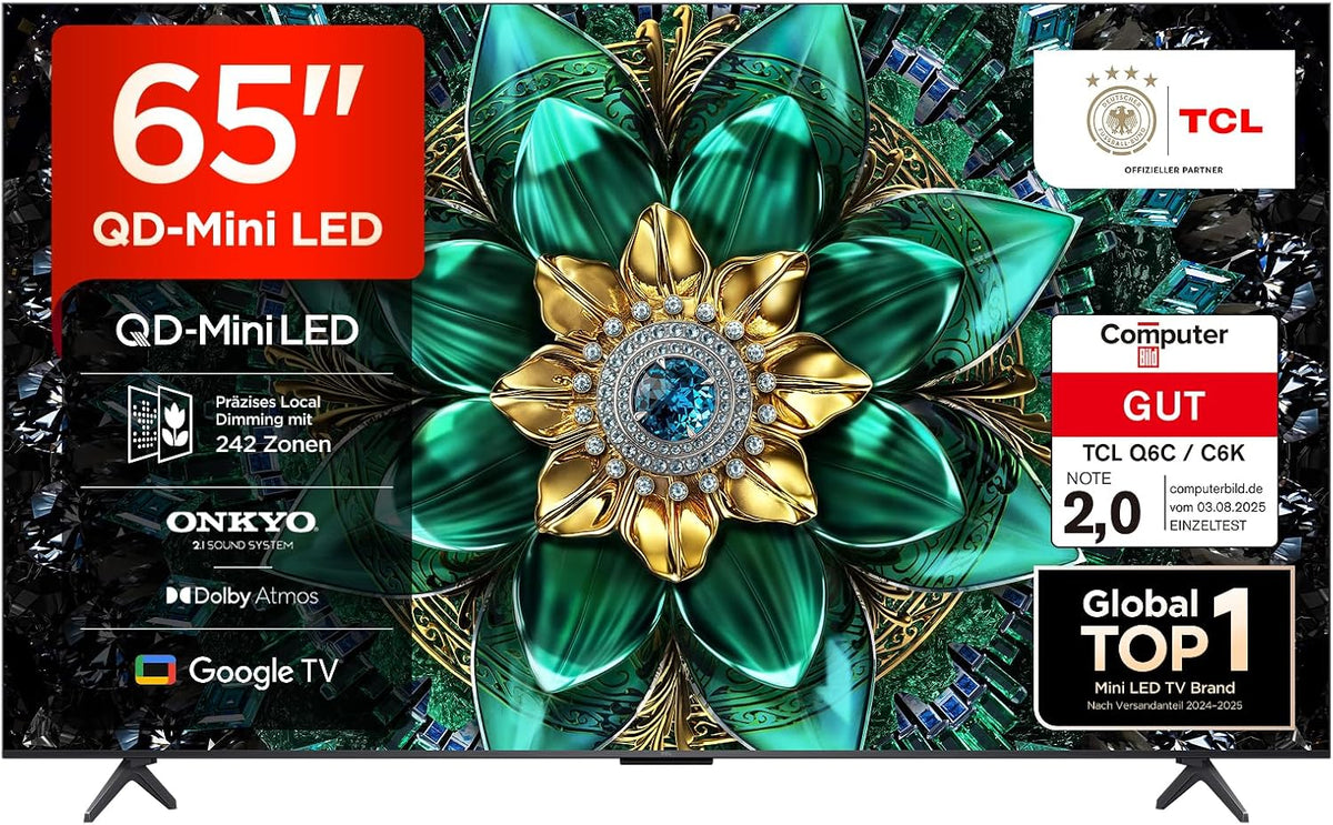 TCL Fernseher, 65 Zoll, Schwarz, Smart TV, 65Q6C QD-Mini LED, 4K HDR Premium 1000nits, Smart TV mit Google TV (Dolby Vision IQ & Atmos