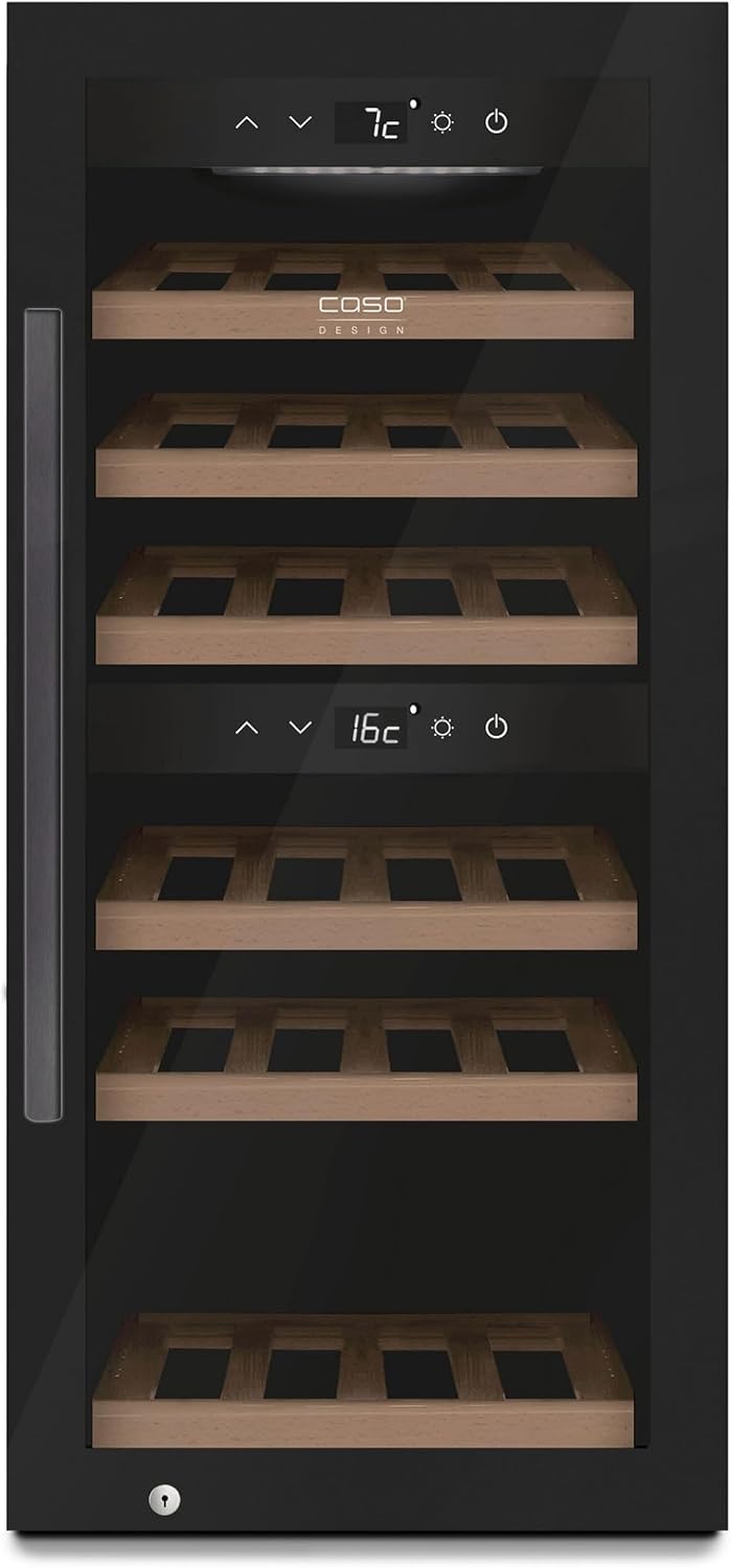 Caso Weinkühlschrank, Schwarz, WineExclusive 24 Smart - Design, bis zu 24 Flaschen, Zwei getrennte Temparaturzonen einstellbar von 5°-20°C