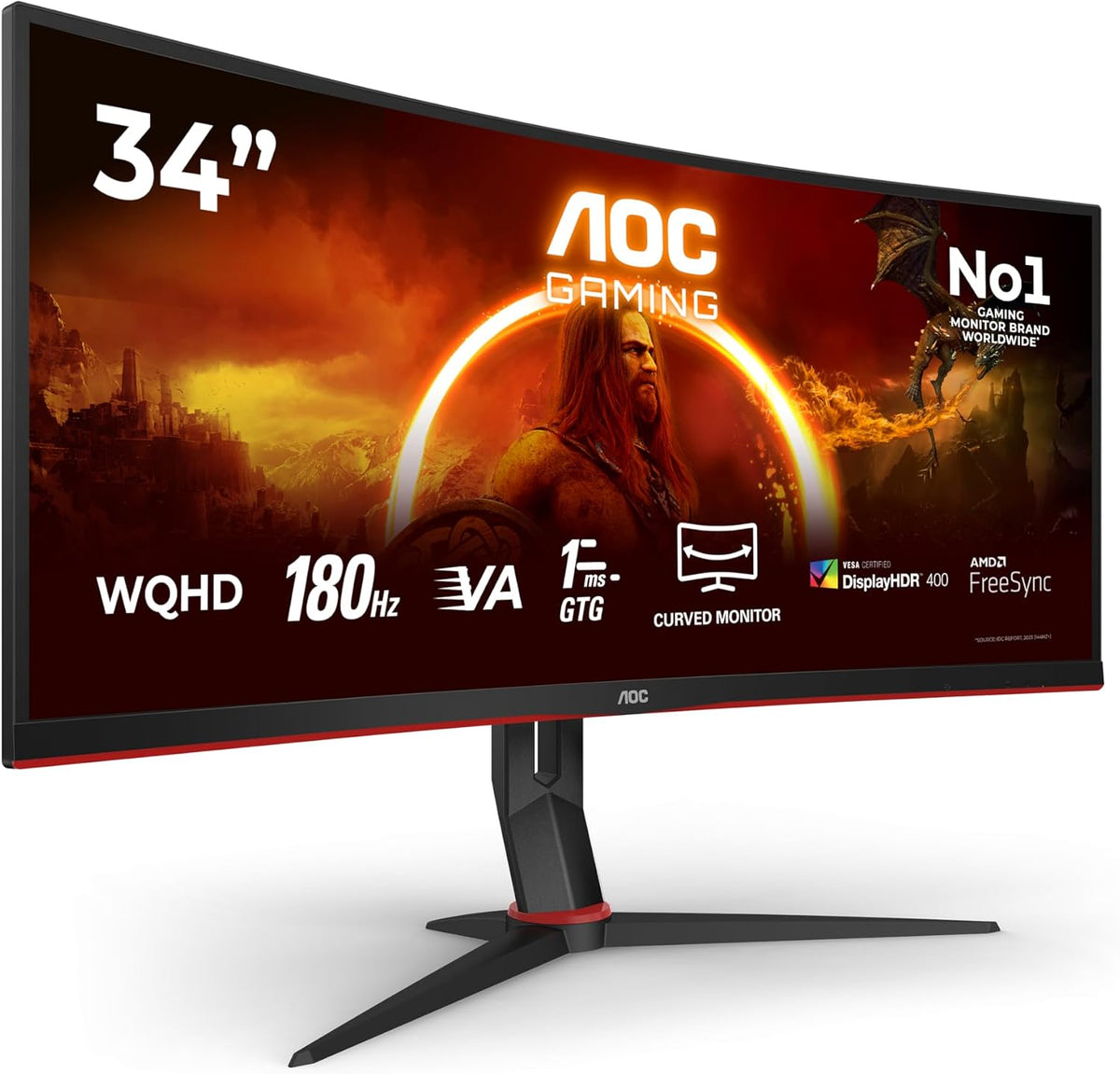 AOC Monitor, 34 Zoll, Schwarz/Rot, Gaming CU34G2XP - WQHD Curved, 180 Hz, FreeSync Prem., HDR400 (3440x1440, 1ms GtG