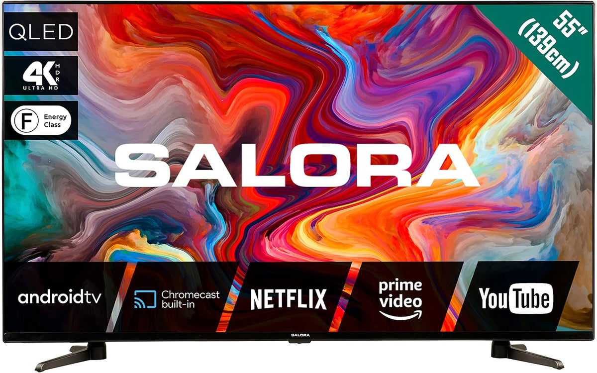 SALORA Fernseher, 55 Zoll, Schwarz, Smart TV, 55QLEDTV 55-Zoll, Smart TV, 4K UHD, HDR10, Android TV, WLAN & Bluetooth