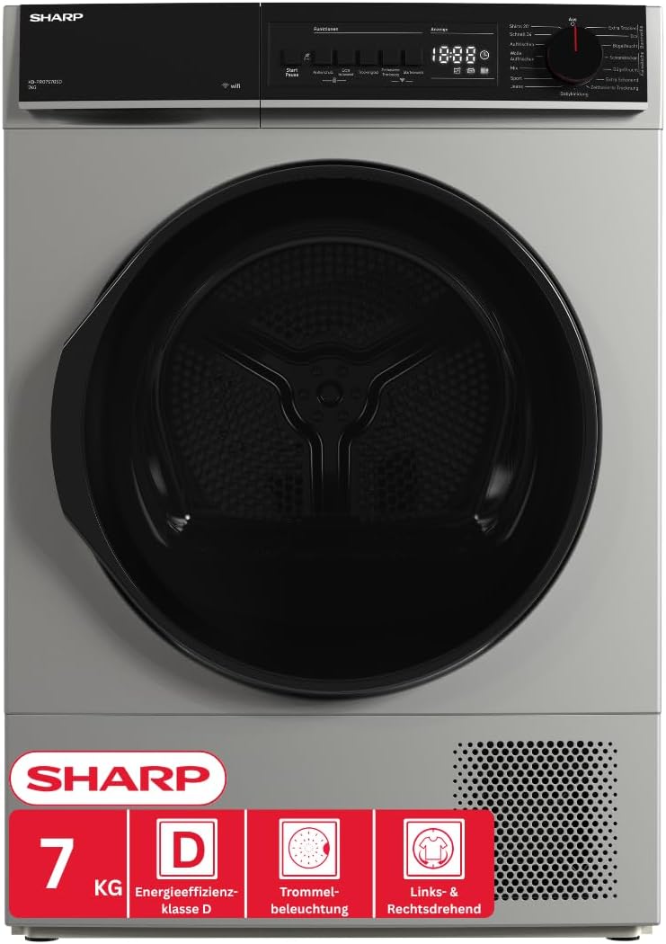 Sharp Wäschetrockner, 7 kg, Silber, KD-PRO7S7GSD-DE, WiFi, 15 Trockenprogramme inkl. 20-Minuten-Schnelltrockenprogramm