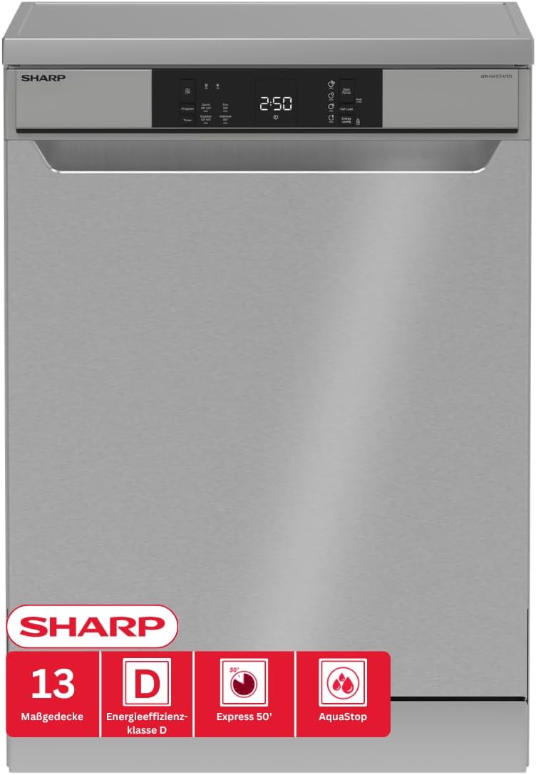 SHARP Geschirrspüler, 60 cm, Silber, QW-NA1CF47DS-DE freistehend , (13 Gedecke, EEK D), (4 Programme, AquaStop)