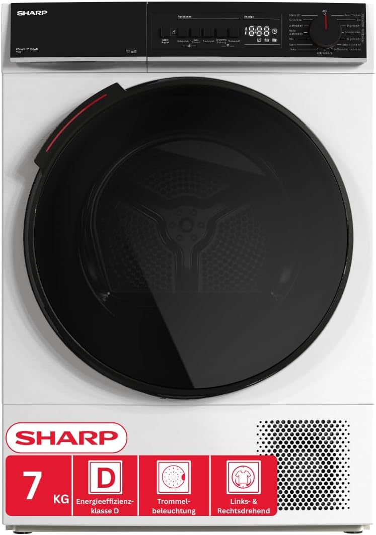 SHARP Wärmepumpentrockner, 7 kg, Weiß, KD-WNHB7S9GWD-DE (, EEK D), (15 Trockenprogramme, 20 Min. Kurzprogramm, WiFi