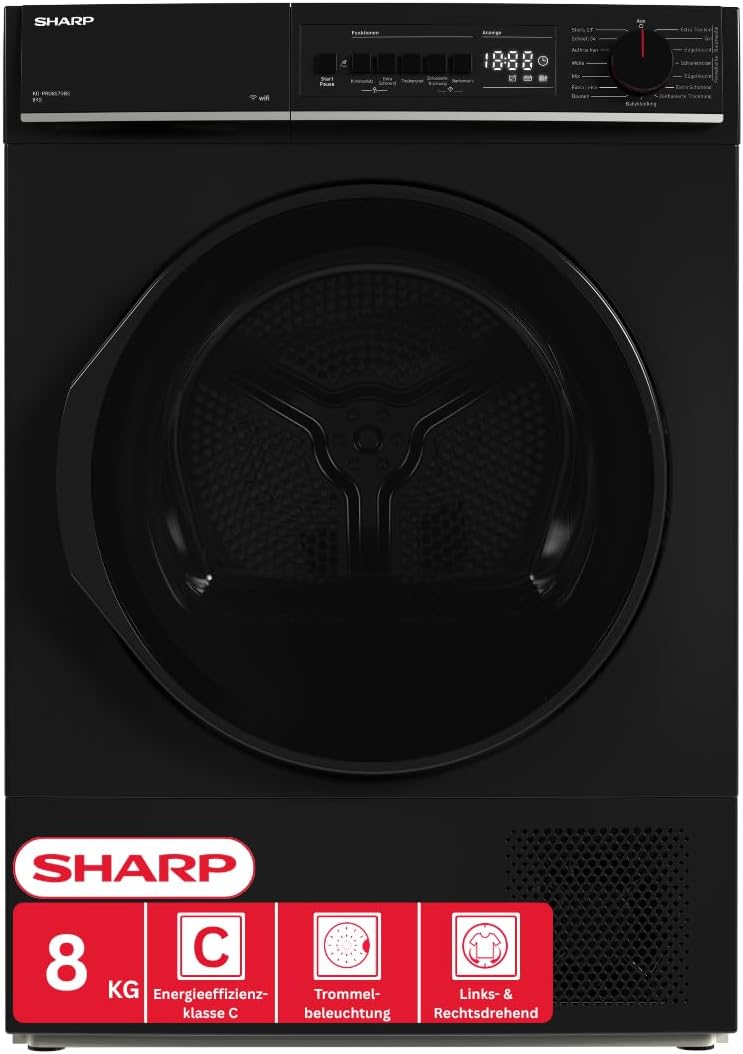 Sharp Wäschetrockner, 8 kg, Schwarz, KD-PRO8S7GBC-DE, WiFi, 15 Trockenprogramme inkl. 20-Minuten-Schnelltrockenprogramm