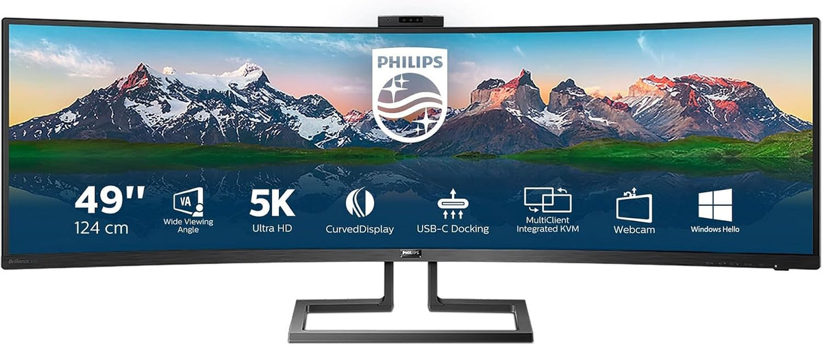 Philips Monitor, 49 zoll, Schwarz, 499P9H Curved, DQHD USB Hub, 70 Hz, VA Panel, 5ms GtG, HDR400, Webcam, Höhenverstellung