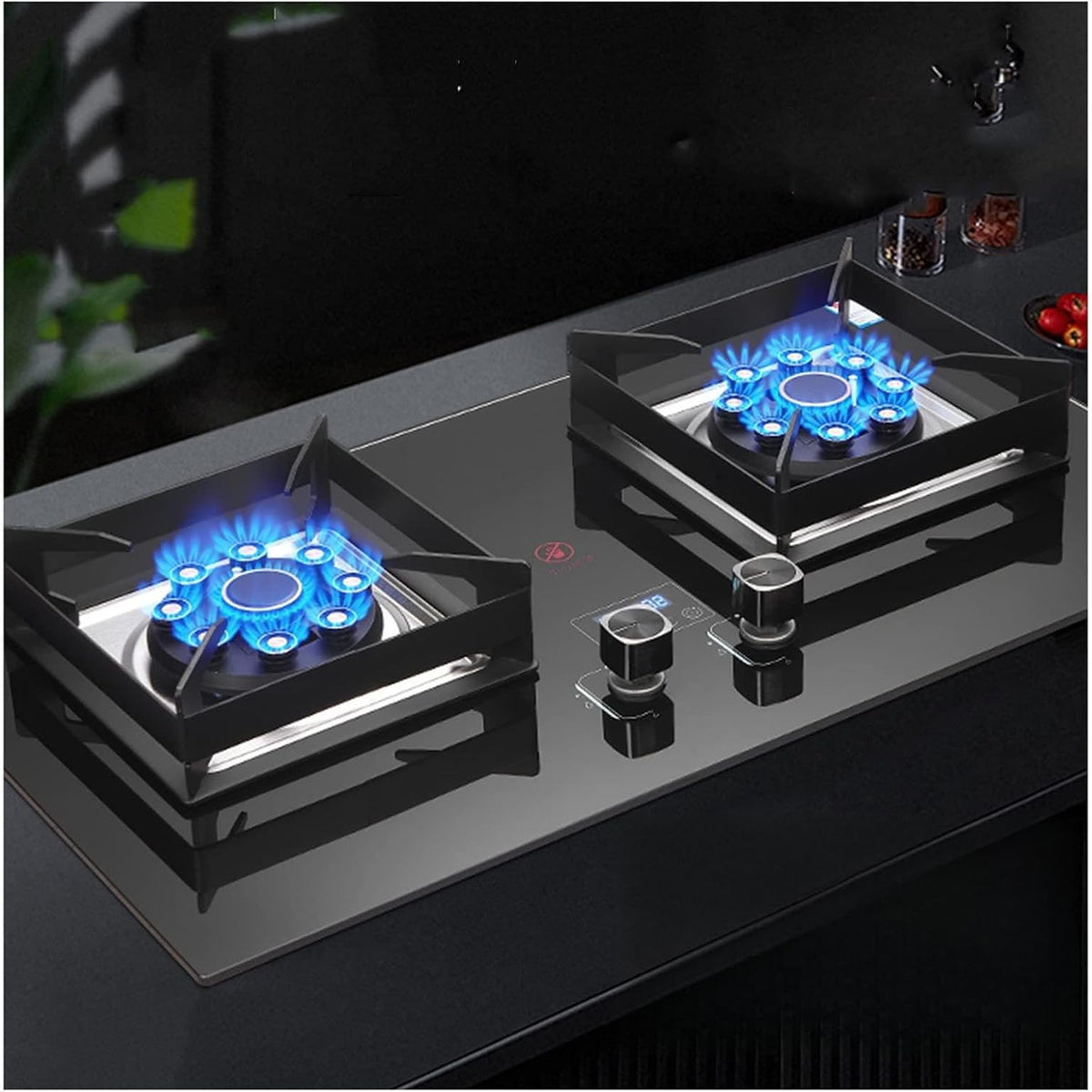 Gasherd, 5,2 KW, Schwarz, Kochfeld Doppelherd Brenner, Gehärtetes Glas, Eingebautes Gaskochfeld LPG/NG Dual Fuel