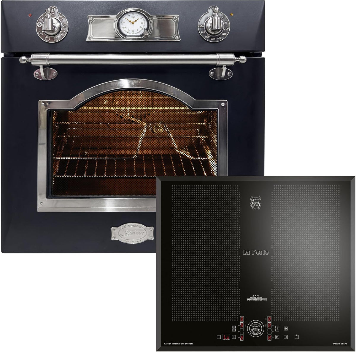 Kaiser Backofen, 60 cm, 67 L, Schwarz, Empire Herdset EH 6355+KCT 61 F Set Retro Elektro • Einbau-, Heißluft, Grill