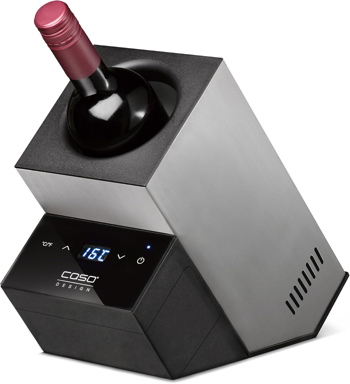 Caso Weinkühlschrank, 90 mm, Silber, WineCase Deluxe Inox, Weintemperierer, Weinkühler mit Akku für 1 Flasche (bis Ø)