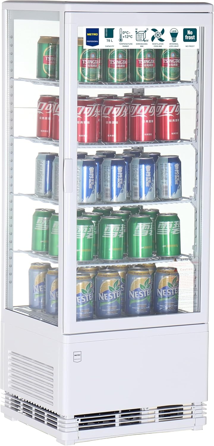 Wohnzimmerschrank METRO, 42.8 x 38.6 x 111 cm, 98 L, Weiß, Professional Panorama Kühlvitrine GGC2098, 4 verstellbare Einlegeböden