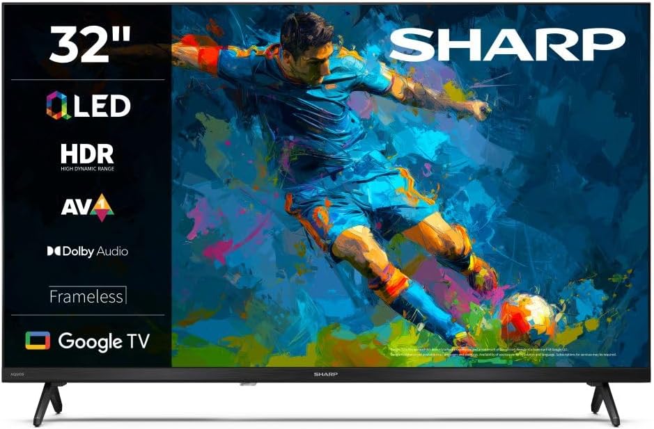 SHARP Fernseher, Schwarz, 32HF3365E, Google TV, 32' HD, Rahmenlos, 60 Hz, QLED, Google Assistant mit Mikrofon, Audio 2x8 W