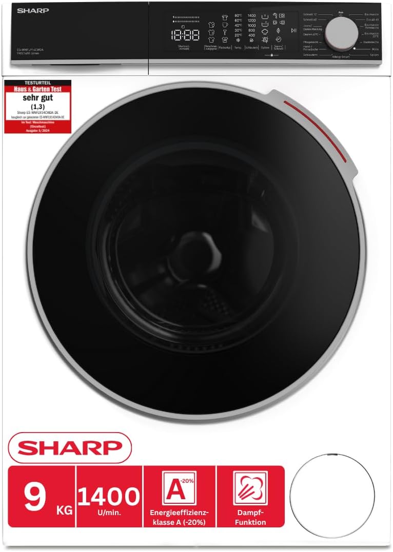 SHARP Waschmaschine, 9 kg, Weiß, ES-WNFL914CWDA-DE (, EEK A-20%, 1400 U/min.), (WiFi, Inverter Motor, Dampf, AquaStop)
