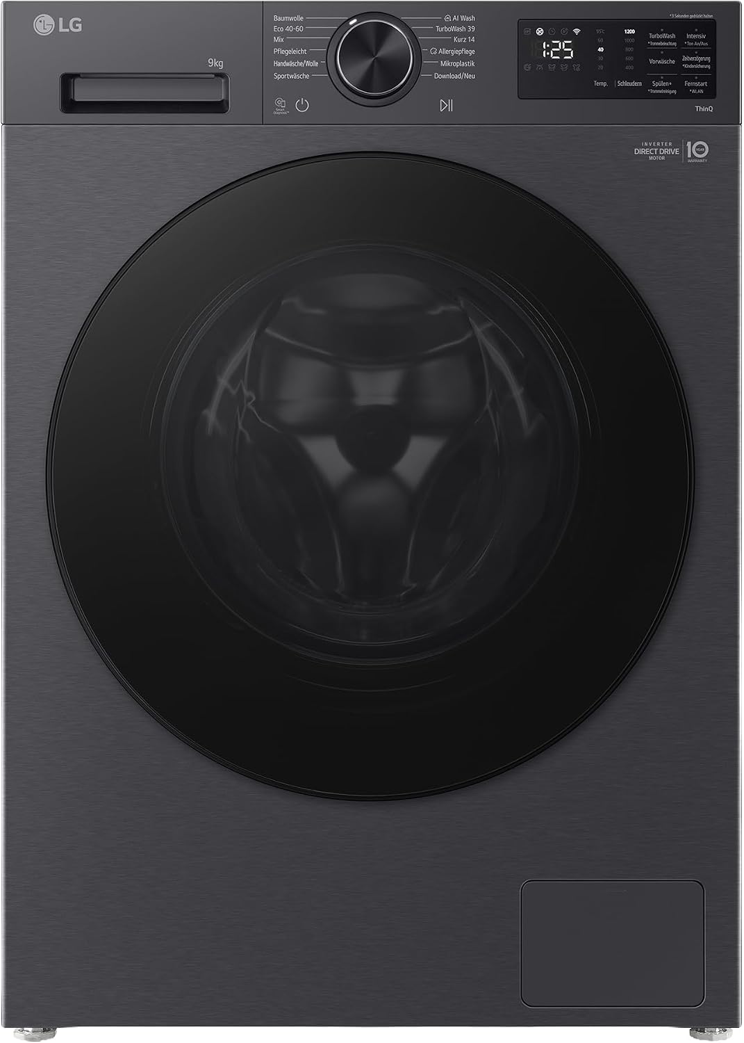 LG Waschmaschine, 9 kg, Schwarz, F2X7SLIM9B, Frontlader, Dampffunktion, AI Wash, Inverter Direct Drive, Restzeitanzeige