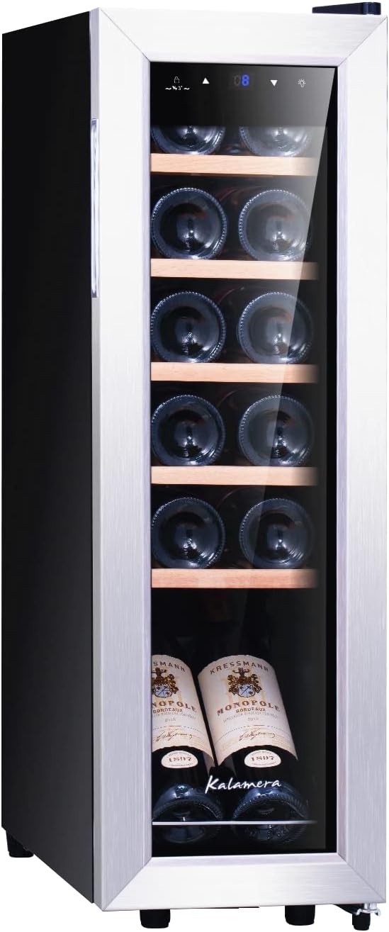 Kalamera Weinkühlschrank, 35 Liter, Schwarz, 12 Flaschen Weinklimaschrank klein mit Kompressor, 5-18°C, KRC-35FCSS