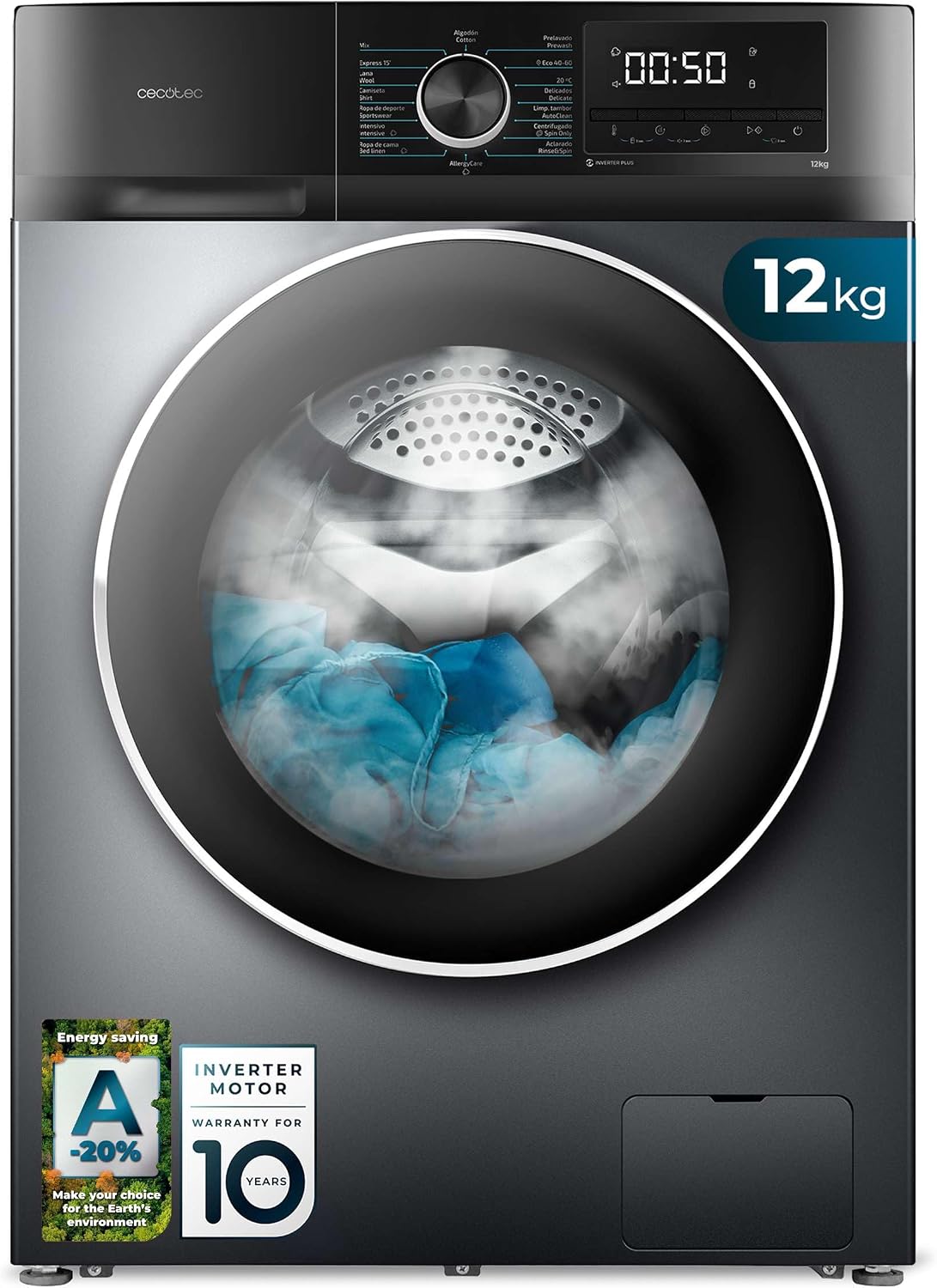 Cecotec Waschmaschine, 12 kg, Weiß, Bolero DressCode 12500 Inverter Steel